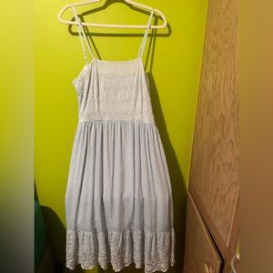 NWOT blue and white striped cottage core sundress with floral stitching
